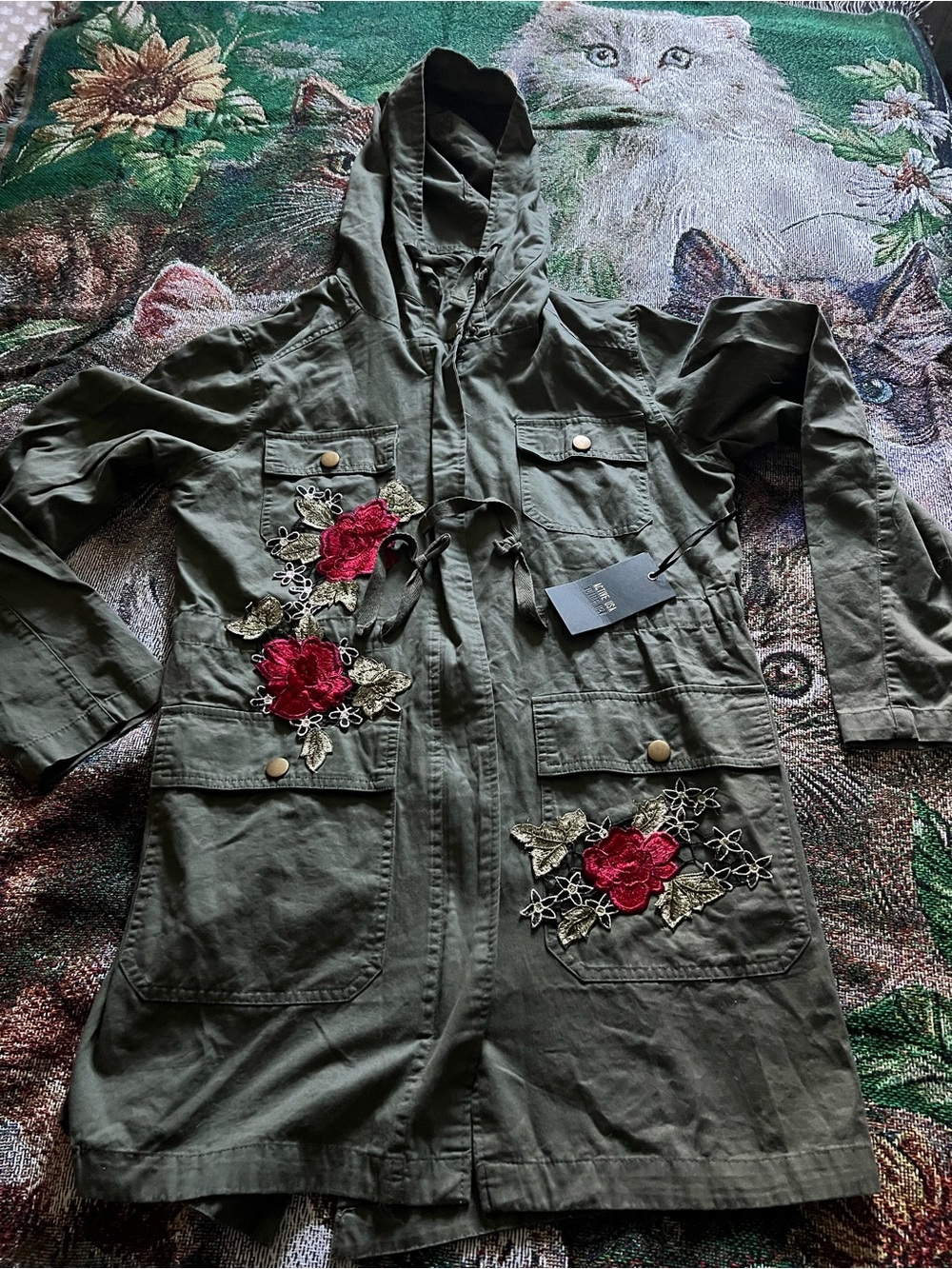 Active USA Olive Green Hooded Utility Jacket with Red Floral Appliqué